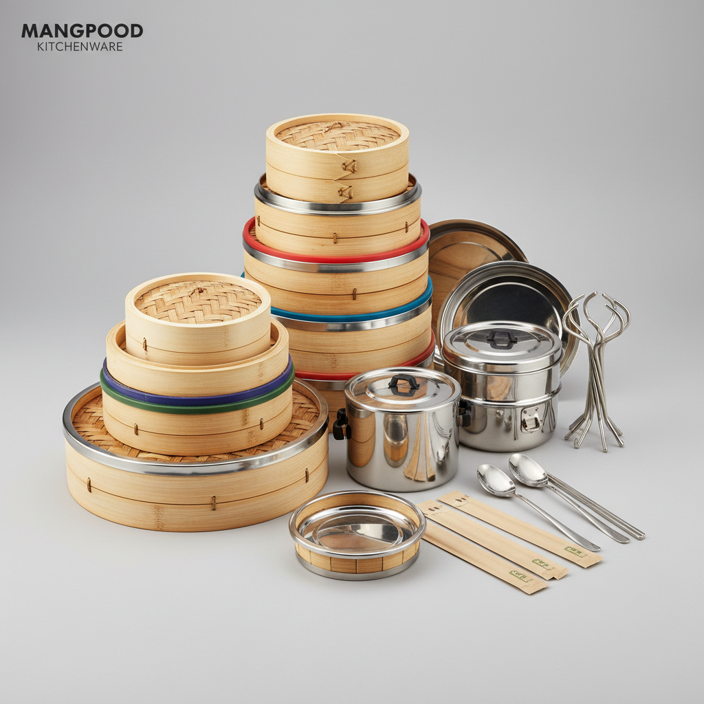 แมงปูด...การเครื่องครัว (Mangpood Kitchenware) จำหน่ายเข่งติ่มซำไม้ไผ่ ตะกร้านึ่งติ่มซำไม้ไผ่ (Dimsum Bamboo Steamer Basket) ฝาเข่งติ่มซำไม้ไผ่ (Dimsum Bamboo Steamer Lid) เข่งขนมจีบ เข่งซาลาเปา ซึ้งนึ่งติ่มซำไม้ไผ่ขนาด 5 นิ้ว ถึง 22 นิ้ว เข่งติ่มซำพื้นหนา (เข่งติ่มซำก้นหนา) เข่งติ่มซำขอบสแตนเลส เข่งติ่มซำขอบซิลิโคน (เข่งติ่มซำขอบพลาสติก) เข่งติ่มซำสแตนเลส อุปกรณ์และภาชนะรองนึ่งติ่มซำสเตนเลส ที่ทิ่มหมูกรอบ ช้อนยาวเกาหลีสแตนเลส และตะเกียบเกาหลีสแตนเลส ตะเกียบฉีก ตะขอแขวนเป็ดย่าง ตะขอเกี่ยวเป็ดย่าง ตะขอเหล็กเกี่ยวเป็ด เหล็กแขวนเป็ด ราคาถูก จัดส่งทั่วไทย — สินค้าหลัก