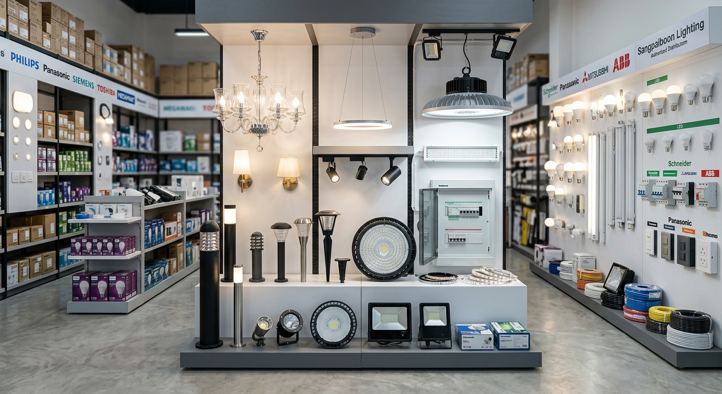 โคมไฟและอุปกรณ์ไฟฟ้าครบวงจร คุณภาพสูง มากกว่า 50 ปี ♦ มีครบทั้งโคมไฟแต่งบ้าน โคมไฟสวน โคมโรงงาน และอุปกรณ์ไฟฟ้า ♦ พร้อมส่ง ราคาส่ง รองรับงานบ้านและงานโครงการ ♦ ทางร้านเป็นตัวแทนจำหน่ายโคมไฟและอุปกรณ์ไฟฟ้า รวมแบรนด์ชั้นนำตามภาพ ครบ จบที่เดียว คุณภาพดี ราคาคุ้มค่า พร้อมให้คำแนะนำ — สินค้าหลัก