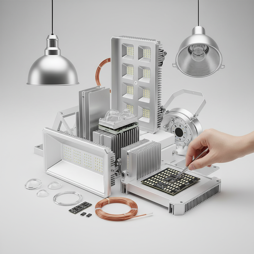 ในการผลิต ผลิตภัณฑ์แสงสว่าง หลอดไฟ โคมไฟอุตสาหกรรม และ โคมไฟโรงาน แอลอีดี (LED lighting) เรามีกระบวนการคัดเลือกวัสดุ (materials) คุณภาพสูง — สินค้าหลัก