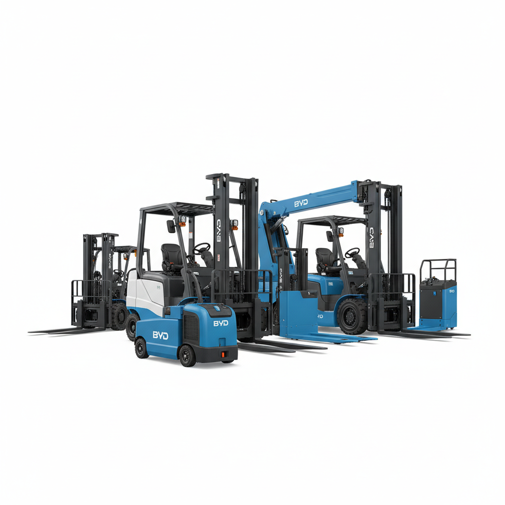 รถโฟล์คลิฟท์ไฟฟ้า BYD รุ่นต่างๆ เรามีเป้าหมายในการเป็นผู้นำแบรนด์รถโฟล์คลิฟไฟฟ้าระดับโลก ด้วยแนวคิดมุ่งสู่ความเป็นเลิศและนวัตกรรมที่ไม่หยุดนิ่ง มีจุดเด่นที่ได้รับคำชมจากลูกค้าทั่วโลกในด้านของการเป็นมิตรต่อสิ่งแวดล้อม การประหยัด พลังงานและความคุ้มค่าในการใช้งาน พร้อมตอบโจทย์การใช้งานในอุตสาหกรรมด้วยรถโฟล์คลิฟครบทุกรุ่น เช่น รถโฟล์คลิฟท์ไฟฟ้าแบบ Counterbalance รถโฟล์คลิฟท์ไฟฟ้าสำหรับคลังสินค้า รถยก-ลากพาเลทไฟฟ้า (Reach Truck, Pallet Stackerm Paller Transporter) และรถลากไฟฟ้า (Tow Tractor) — สินค้าหลัก