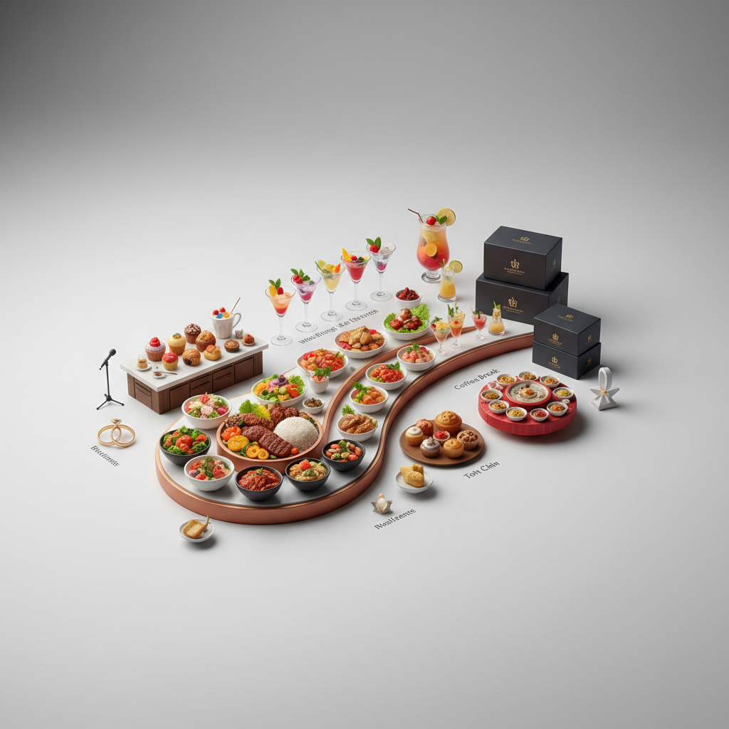 ให้บริการจัดเลี้ยงและอาหารสำหรับงานต่างๆ ครบวงจร มีเมนูบุฟเฟ่ต์ ค็อกเทล คอฟฟี่เบรค เบเกอรี่ อาหารกล่อง และโต๊ะจีน เหมาะสำหรับงานแต่ง งานประชุม และอีเวนต์ที่ต้องการความสะดวกและมืออาชีพ — สินค้าหลัก