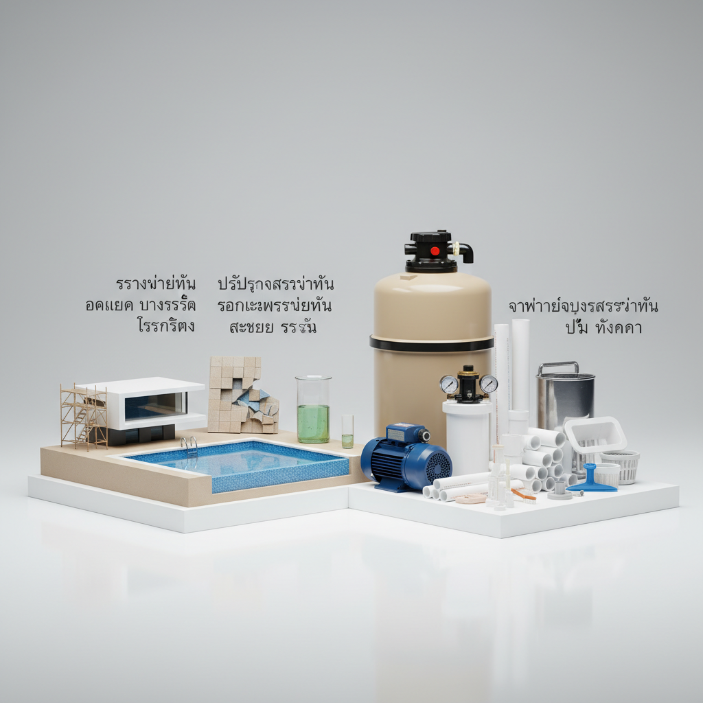 สร้างว่ายน้ำ ออกแบบ วางระบบ โครงสร้าง ปรับปรุงสระว่ายน้ำ ซ่อมแซมสระว่ายน้ำ สระเขียว สระรั่ว และ จำหน่ายอุปกรณ์สระว่ายน้ำ ปั้ม ถังกรอง — สินค้าหลัก