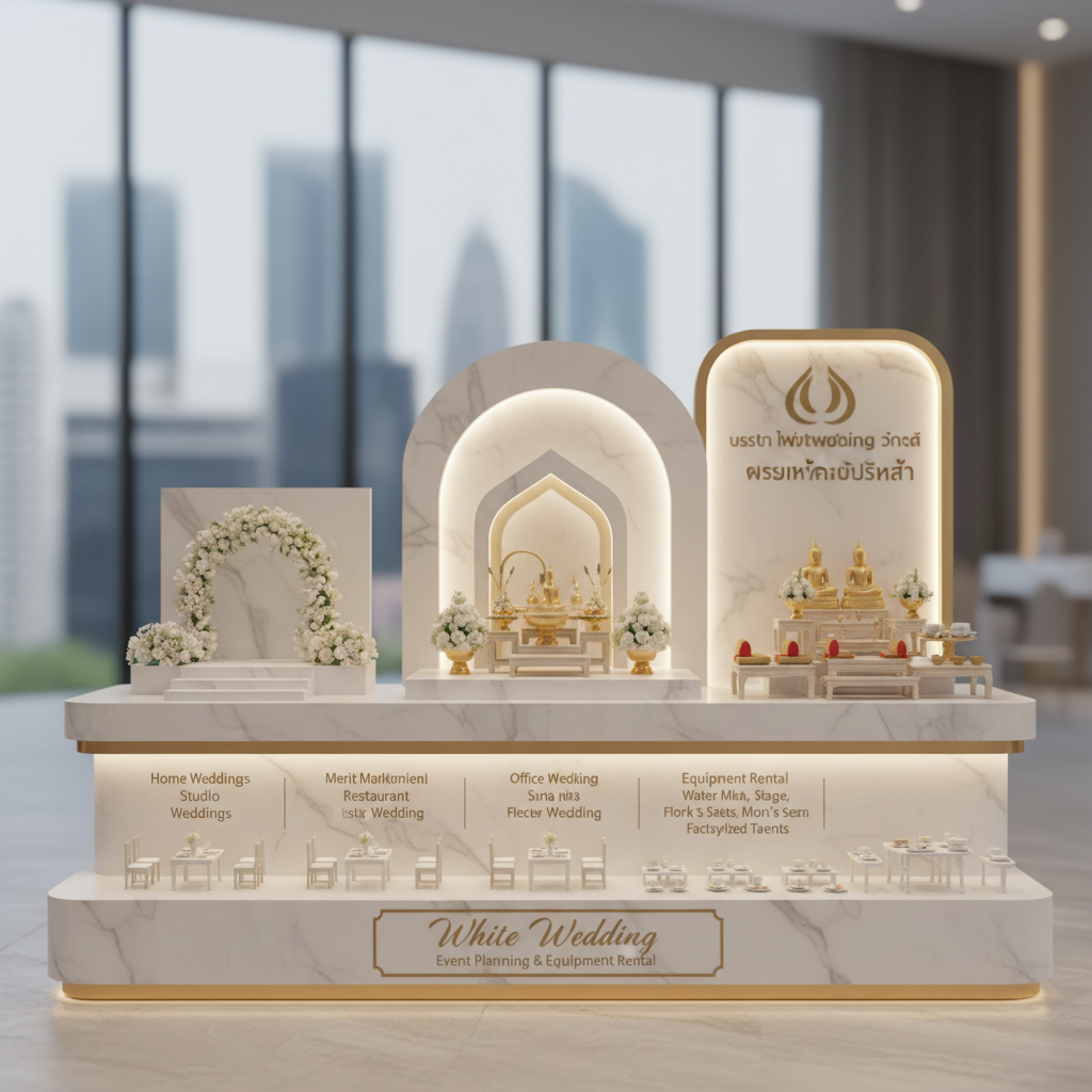 White Wedding รับจัดงานแต่งงานและงานทำบุญ ทั้งงานแต่งงานที่บ้าน สตูดิโอ ร้านอาหาร และ งานทำบุญบ้าน ทำบุญออฟฟิส ทำบุญบริษัท ทำบุญโรงงาน รวมทั้งให้เช่าอุปกรณ์แต่งงานและทำบุญ เช่น ตั่งรดน้ำสังข์ ขันหมาก เวที จัดดอกไม้โดยช่างมืออาชีพ เช่าโต๊ะหมู่ อาสนะพระ เวทีพระ โตกอาหารพระ ถ้วยชาม รับจัดทำบุญ งานแต่ง ตัวเลือกสำหรับงานเฉพาะ