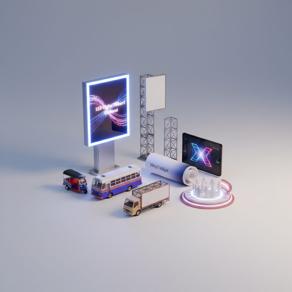 ให้บริการสื่อโฆษณานอกบ้าน ครอบคลุมป้าย LED Digital Billboard และให้เช่าป้าย Billboard ทั้งกรุงเทพฯ ปริมณฑล และต่างจังหวัด พร้อมงานผลิตสื่อและติดตั้ง เช่น งานไวนิล/Inkjet, Digital Signage, โครงสร้างป้าย LED รวมถึงสื่อโฆษณาเคลื่อนที่อย่างป้ายติดรถตุ๊กๆ รถสองแถว รถแห่ และบริการจัดกิจกรรม Troop/Road Show พร้อมช่วยวางแผนสื่อและออกแบบงานโฆษณา — สินค้าหลัก