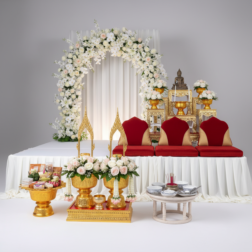 White Wedding รับจัดงานแต่งงานและงานทำบุญ ทั้งงานแต่งงานที่บ้าน สตูดิโอ ร้านอาหาร และ งานทำบุญบ้าน ทำบุญออฟฟิส ทำบุญบริษัท ทำบุญโรงงาน รวมทั้งให้เช่าอุปกรณ์แต่งงานและทำบุญ เช่น ตั่งรดน้ำสังข์ ขันหมาก เวที จัดดอกไม้โดยช่างมืออาชีพ เช่าโต๊ะหมู่ อาสนะพระ เวทีพระ  โตกอาหารพระ ถ้วยชาม รับจัดทำบุญ งานแต่ง — สินค้าหลัก