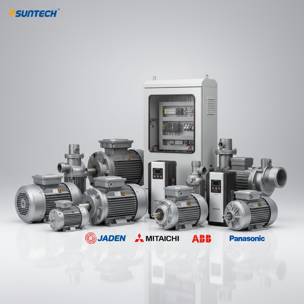 จำหน่าย สินค้า มอเตอร์ไฟฟ้า มอเตอร์เกียร์ ปั๊มน้ำ อินเวอร์เตอร์ SUNTECH JADEN MITSUBISHI HITACHI ABB PANASONIC
และรับออกแบบตู้คอนโทรลปั๊มน้ำต่างๆ ทุกชนิด จัดส่งทั่วไทย — สินค้าหลัก