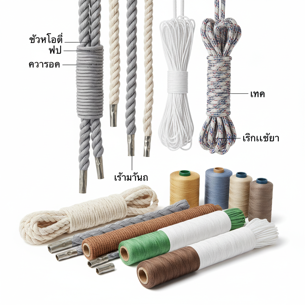บริการผลิต ทอเชือก ตัด จั้มหัว ย้ำหัว เชือกโพลี พีพี คอตตอล เทป สายสิญจน์ สกรีนเชือก คิ้วที่นอน และ เส้นด้ายพีพี — สินค้าหลัก